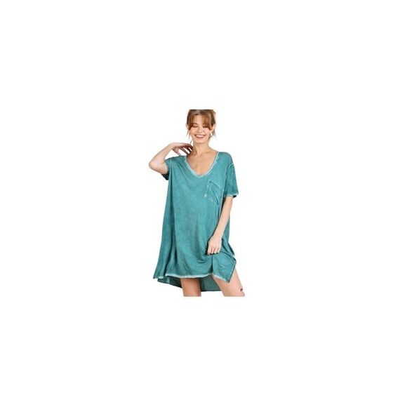 UMGEE Oversized Washed V-Neck Tee Chest Pocket Dress in Peacock Green Small - Picture 2 of 9